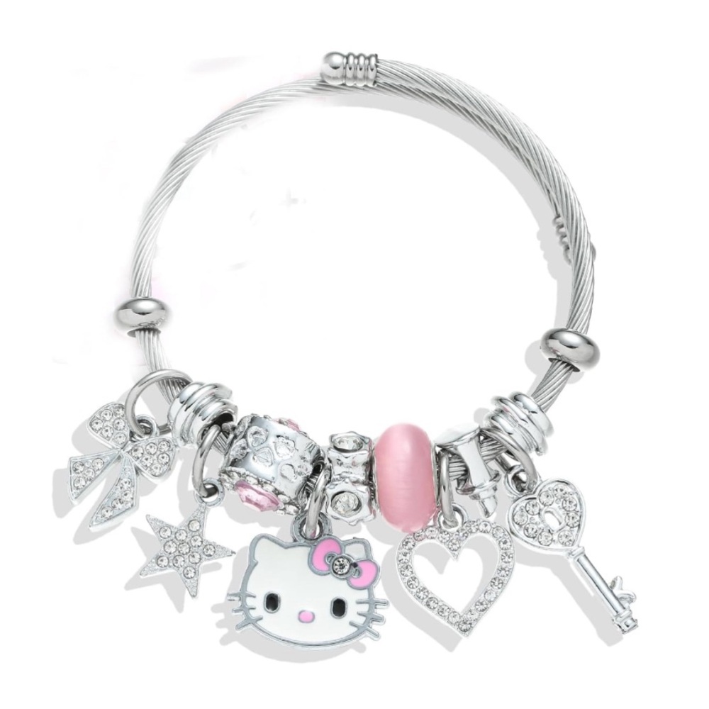🤍 New Kawaii White Heart Kitty Charm Bracelet, Anime Cartoon Crystal